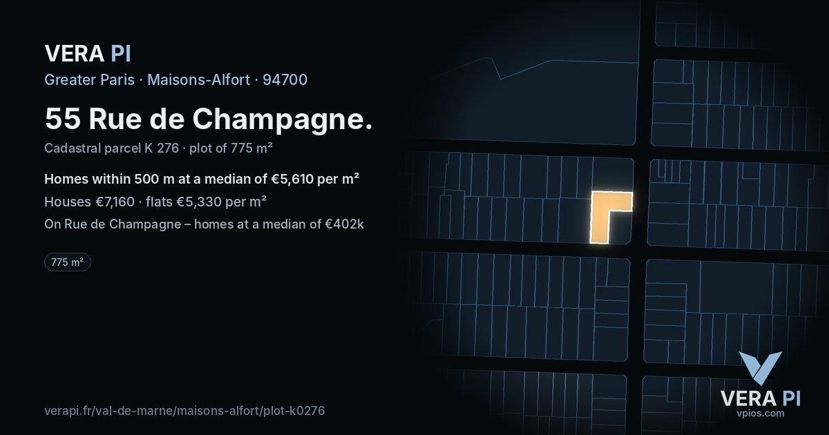 55 Rue de Champagne, Maisons-Alfort at night – the plot lit, the parcels around coloured by the prices near them