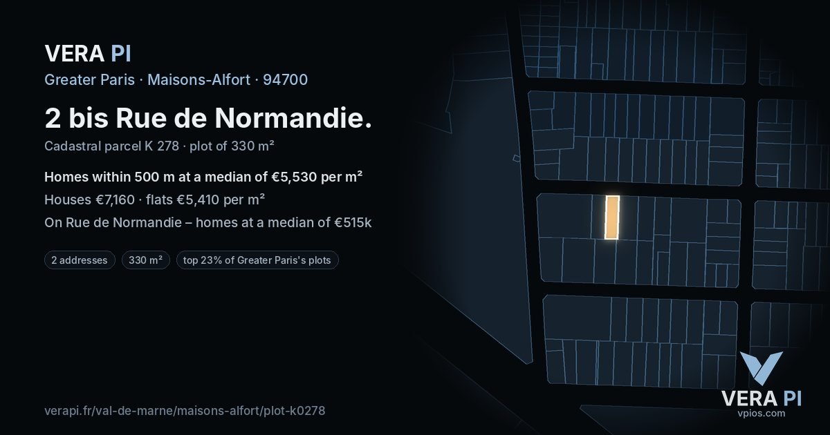 2 bis Rue de Normandie, Maisons-Alfort at night – the plot lit, the parcels around coloured by the prices near them