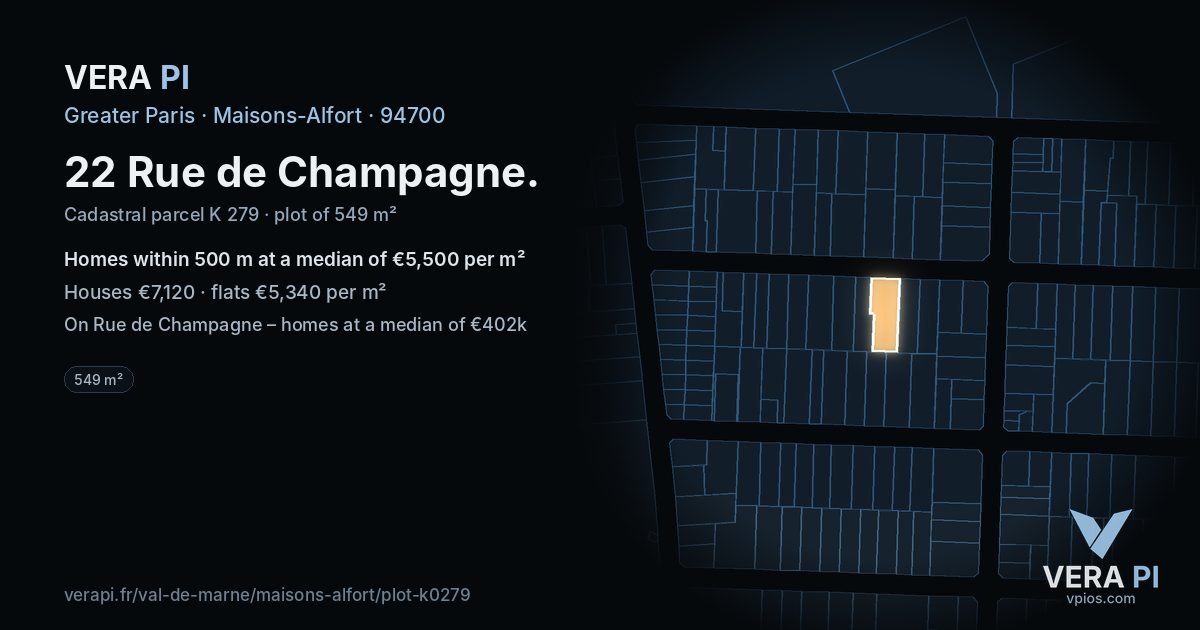 22 Rue de Champagne, Maisons-Alfort at night – the plot lit, the parcels around coloured by the prices near them