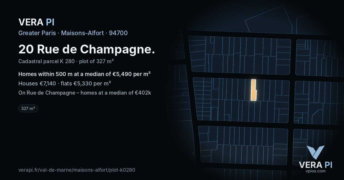 20 Rue de Champagne, Maisons-Alfort at night – the plot lit, the parcels around coloured by the prices near them