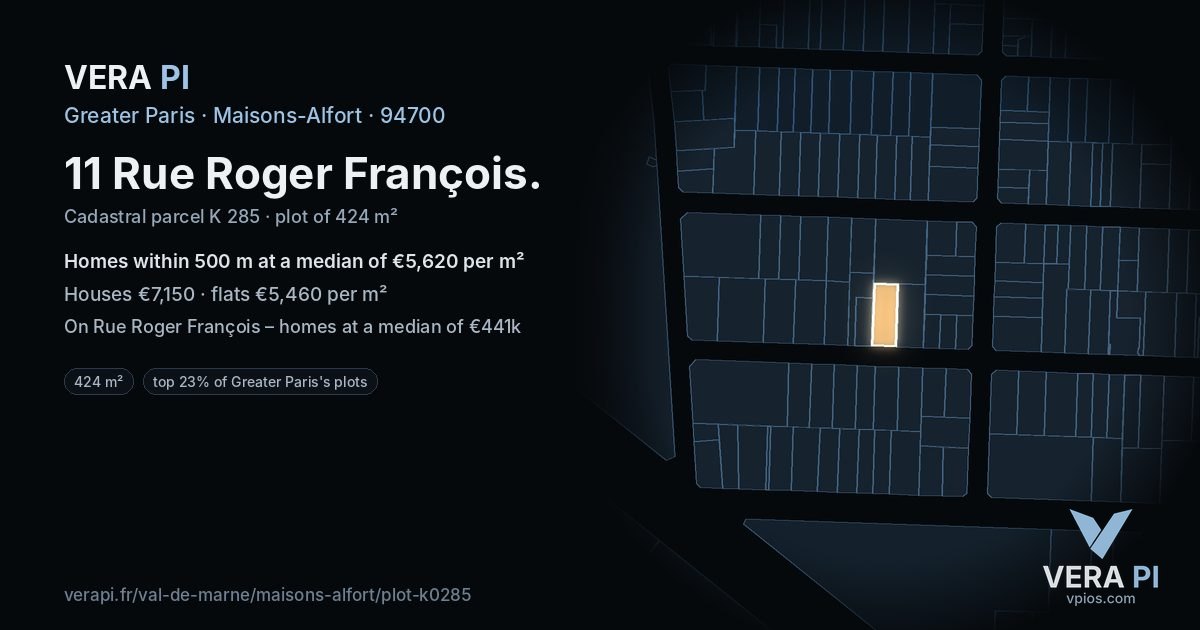11 Rue Roger François, Maisons-Alfort at night – the plot lit, the parcels around coloured by the prices near them