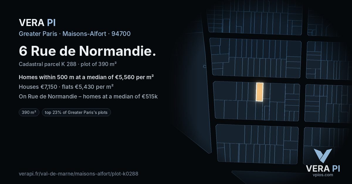 6 Rue de Normandie, Maisons-Alfort at night – the plot lit, the parcels around coloured by the prices near them