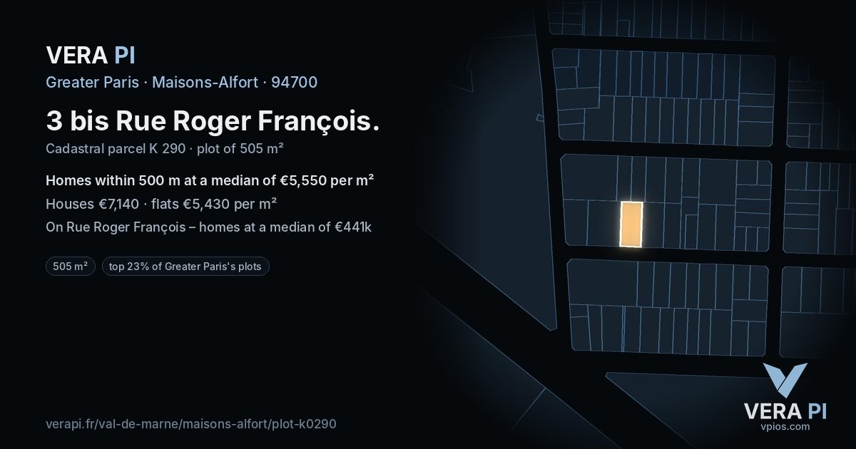 3 bis Rue Roger François, Maisons-Alfort at night – the plot lit, the parcels around coloured by the prices near them