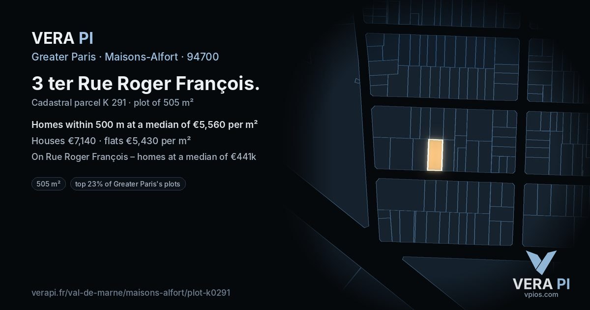 3 ter Rue Roger François, Maisons-Alfort at night – the plot lit, the parcels around coloured by the prices near them