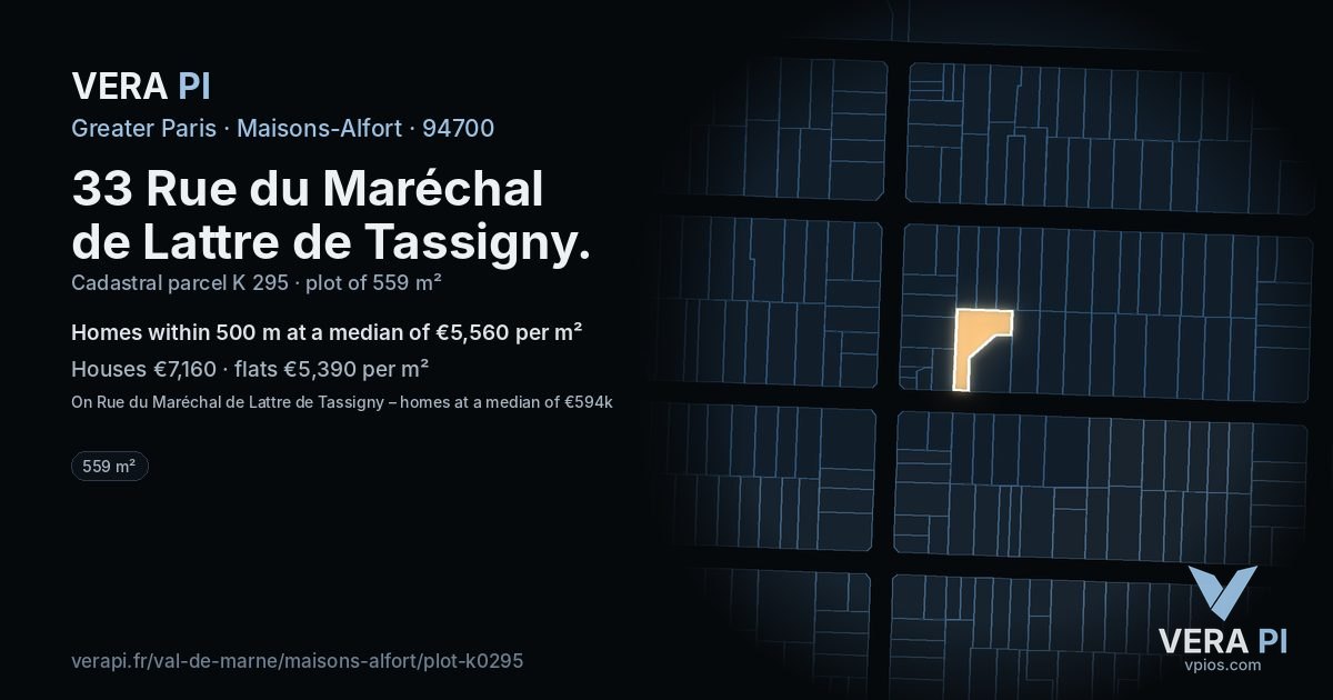 33 Rue du Maréchal de Lattre de Tassigny, Maisons-Alfort at night – the plot lit, the parcels around coloured by the prices near them