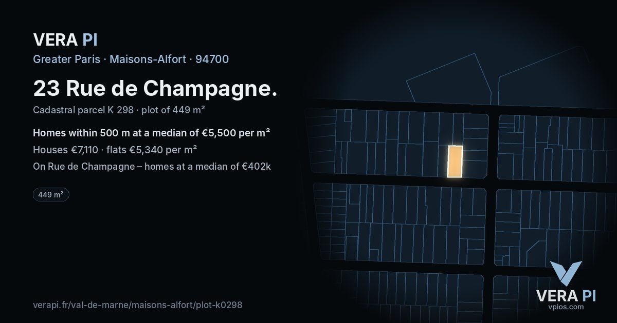 23 Rue de Champagne, Maisons-Alfort at night – the plot lit, the parcels around coloured by the prices near them