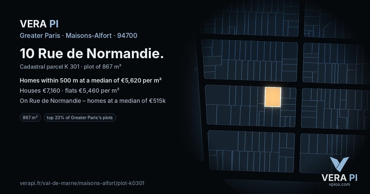 10 Rue de Normandie, Maisons-Alfort at night – the plot lit, the parcels around coloured by the prices near them