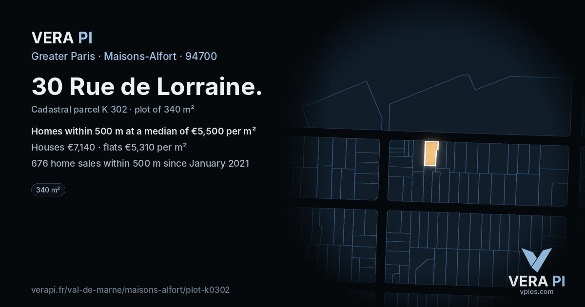 30 Rue de Lorraine, Maisons-Alfort at night – the plot lit, the parcels around coloured by the prices near them