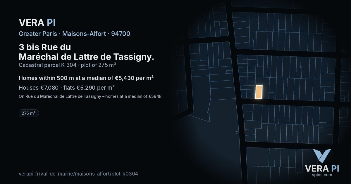3 bis Rue du Maréchal de Lattre de Tassigny, Maisons-Alfort at night – the plot lit, the parcels around coloured by the prices near them