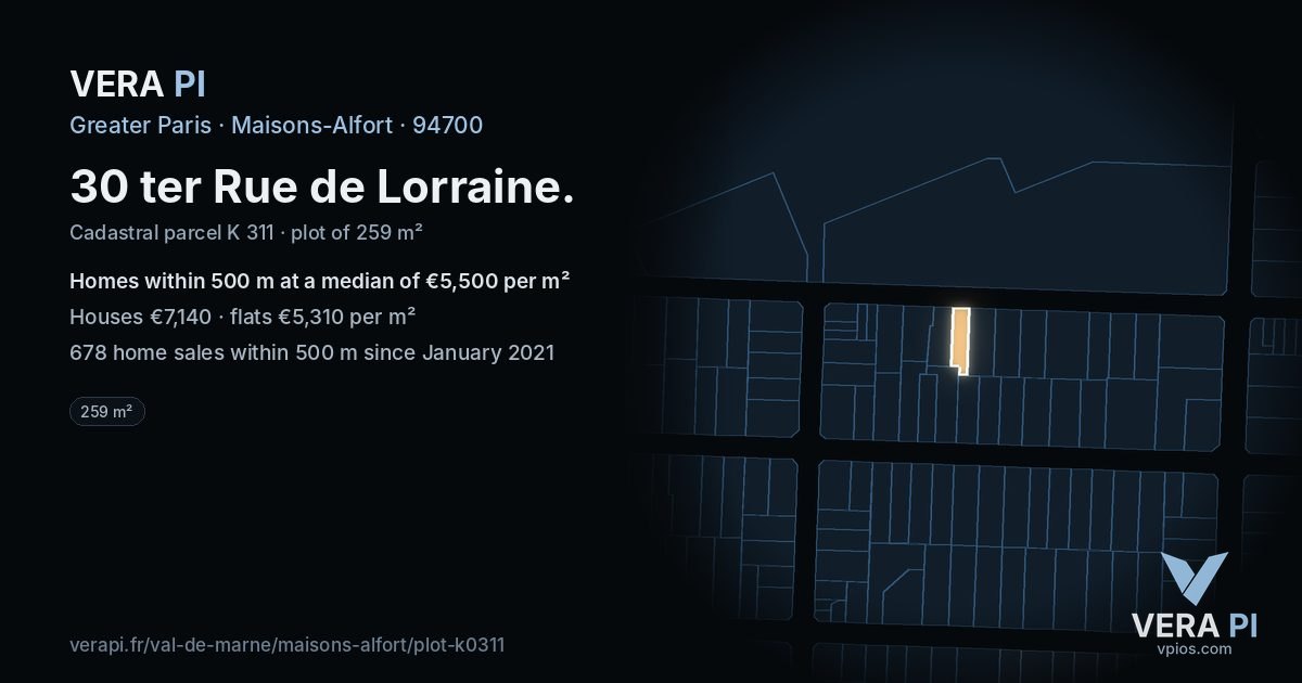 30 ter Rue de Lorraine, Maisons-Alfort at night – the plot lit, the parcels around coloured by the prices near them