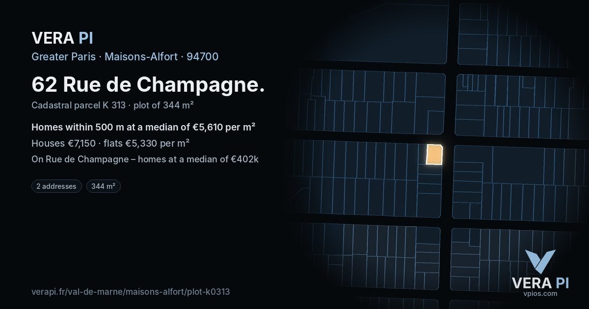 62 Rue de Champagne, Maisons-Alfort at night – the plot lit, the parcels around coloured by the prices near them