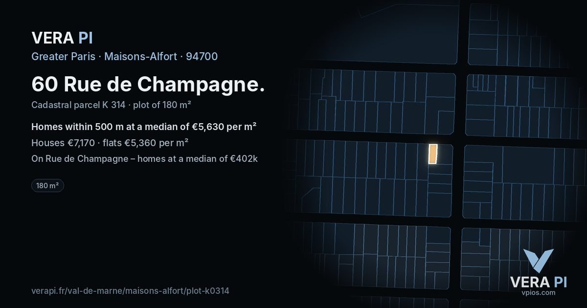 60 Rue de Champagne, Maisons-Alfort at night – the plot lit, the parcels around coloured by the prices near them