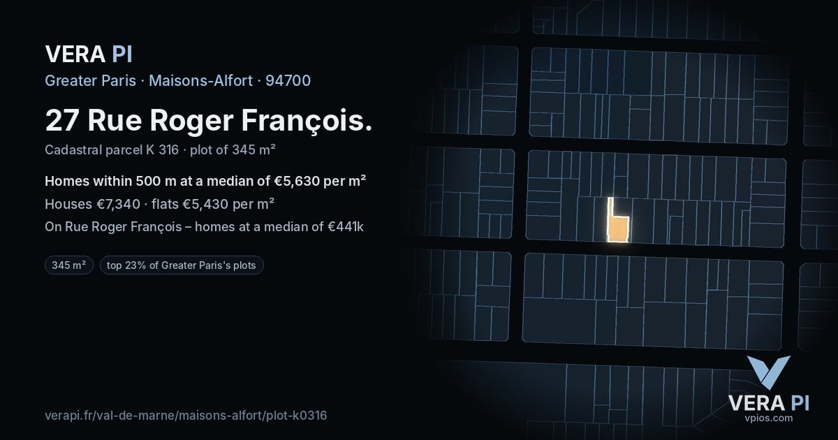 27 Rue Roger François, Maisons-Alfort at night – the plot lit, the parcels around coloured by the prices near them
