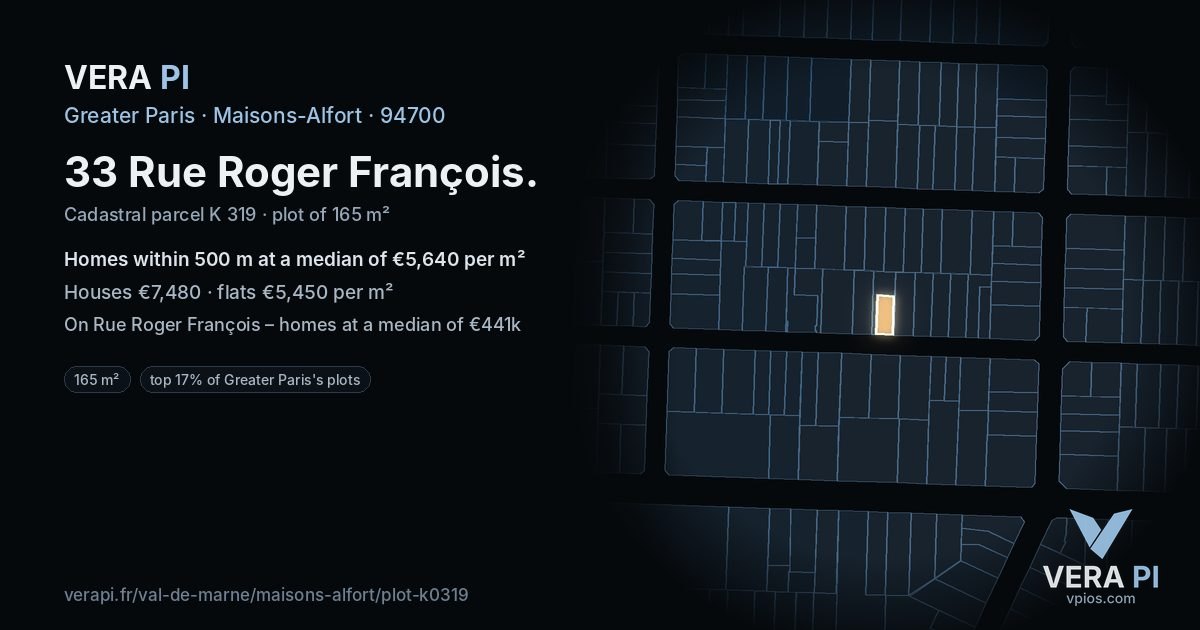 33 Rue Roger François, Maisons-Alfort at night – the plot lit, the parcels around coloured by the prices near them