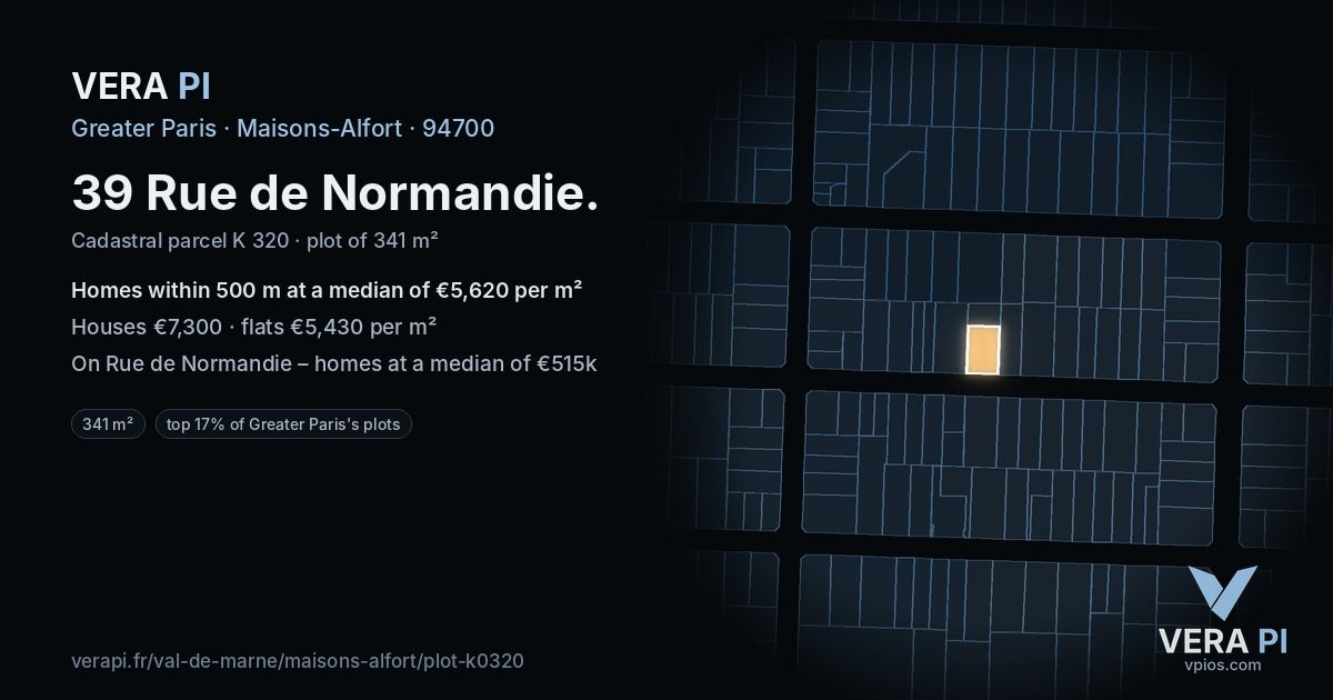 39 Rue de Normandie, Maisons-Alfort at night – the plot lit, the parcels around coloured by the prices near them