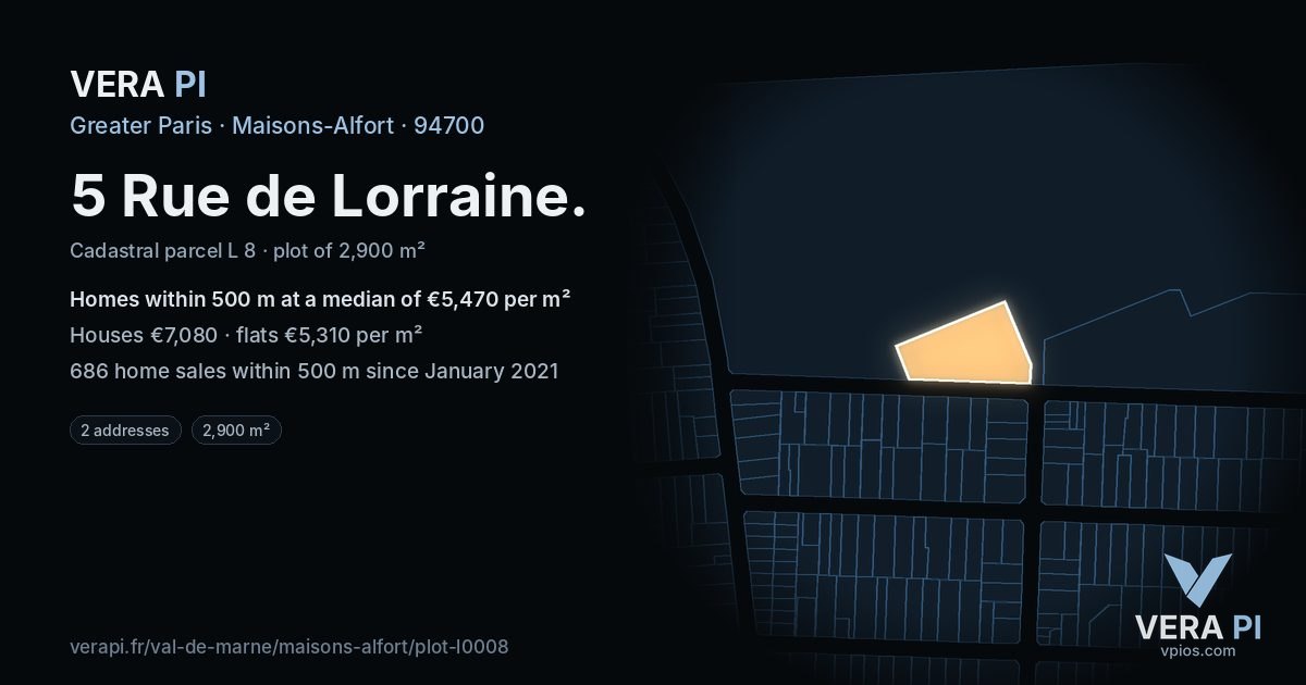 5 Rue de Lorraine, Maisons-Alfort at night – the plot lit, the parcels around coloured by the prices near them