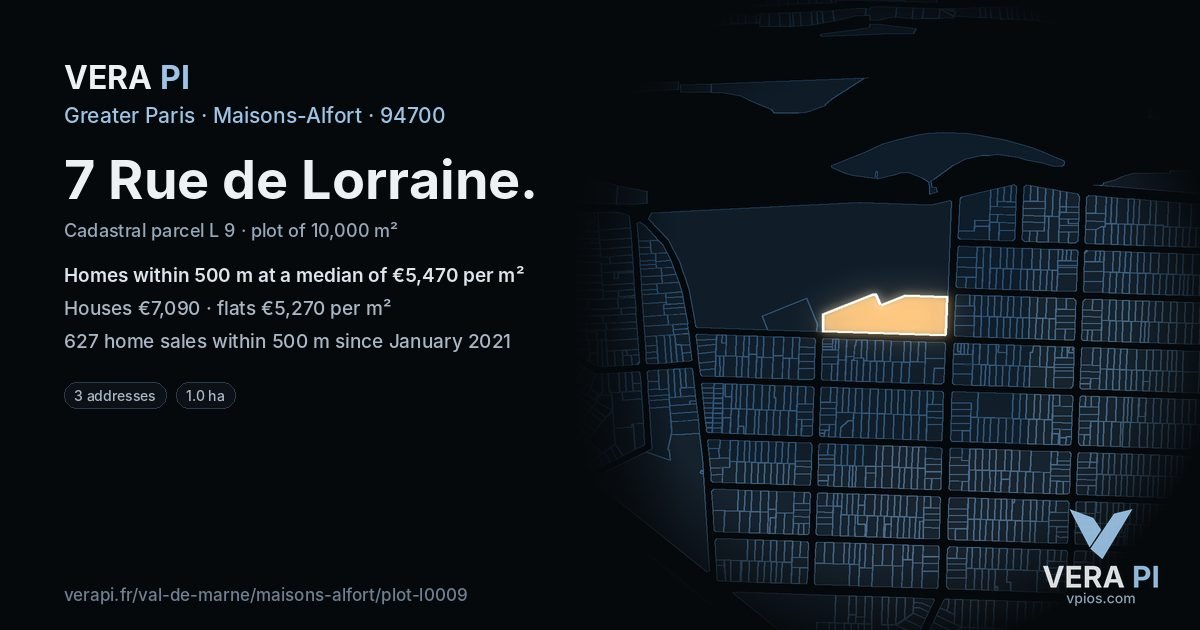 7 Rue de Lorraine, Maisons-Alfort at night – the plot lit, the parcels around coloured by the prices near them