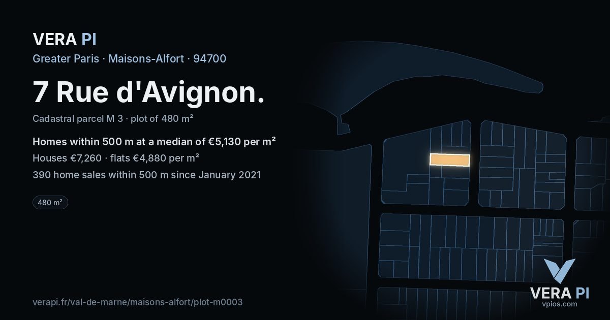 7 Rue d'Avignon, Maisons-Alfort at night – the plot lit, the parcels around coloured by the prices near them