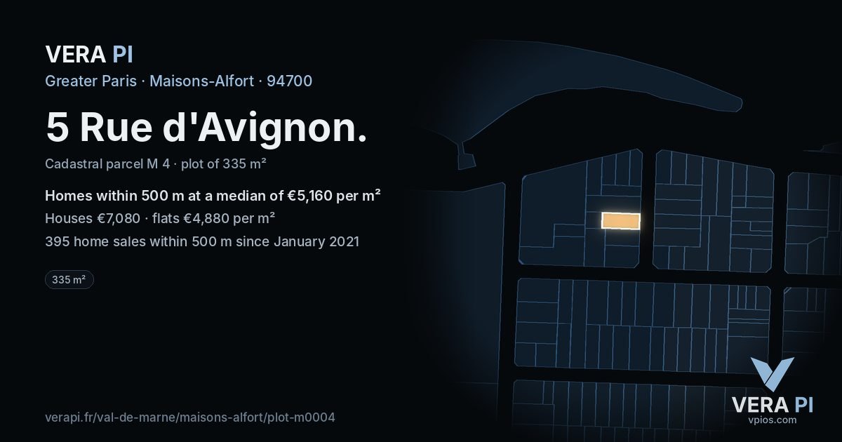 5 Rue d'Avignon, Maisons-Alfort at night – the plot lit, the parcels around coloured by the prices near them