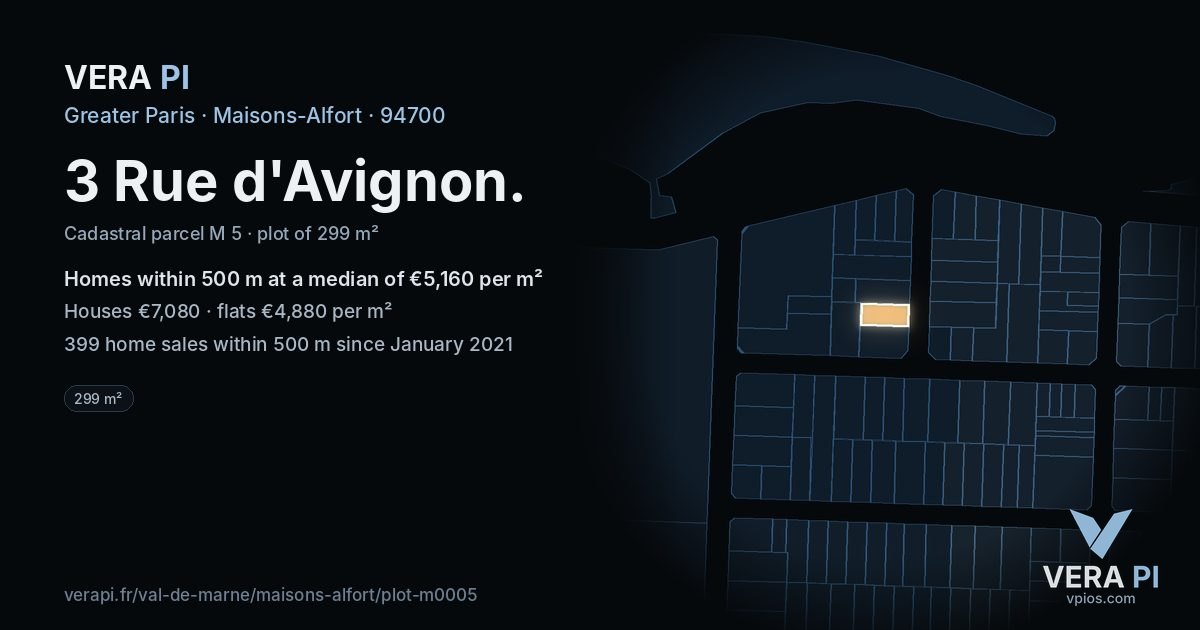 3 Rue d'Avignon, Maisons-Alfort at night – the plot lit, the parcels around coloured by the prices near them