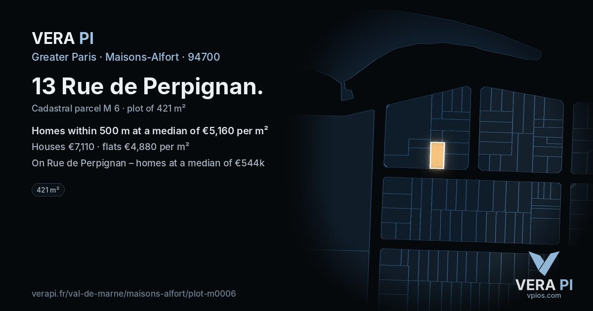 13 Rue de Perpignan, Maisons-Alfort at night – the plot lit, the parcels around coloured by the prices near them