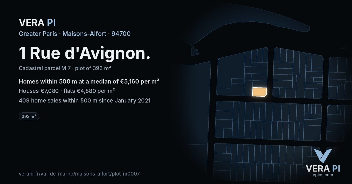 1 Rue d'Avignon, Maisons-Alfort at night – the plot lit, the parcels around coloured by the prices near them