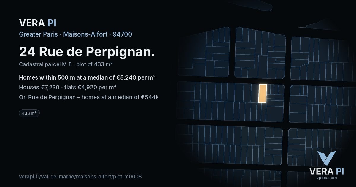 24 Rue de Perpignan, Maisons-Alfort at night – the plot lit, the parcels around coloured by the prices near them