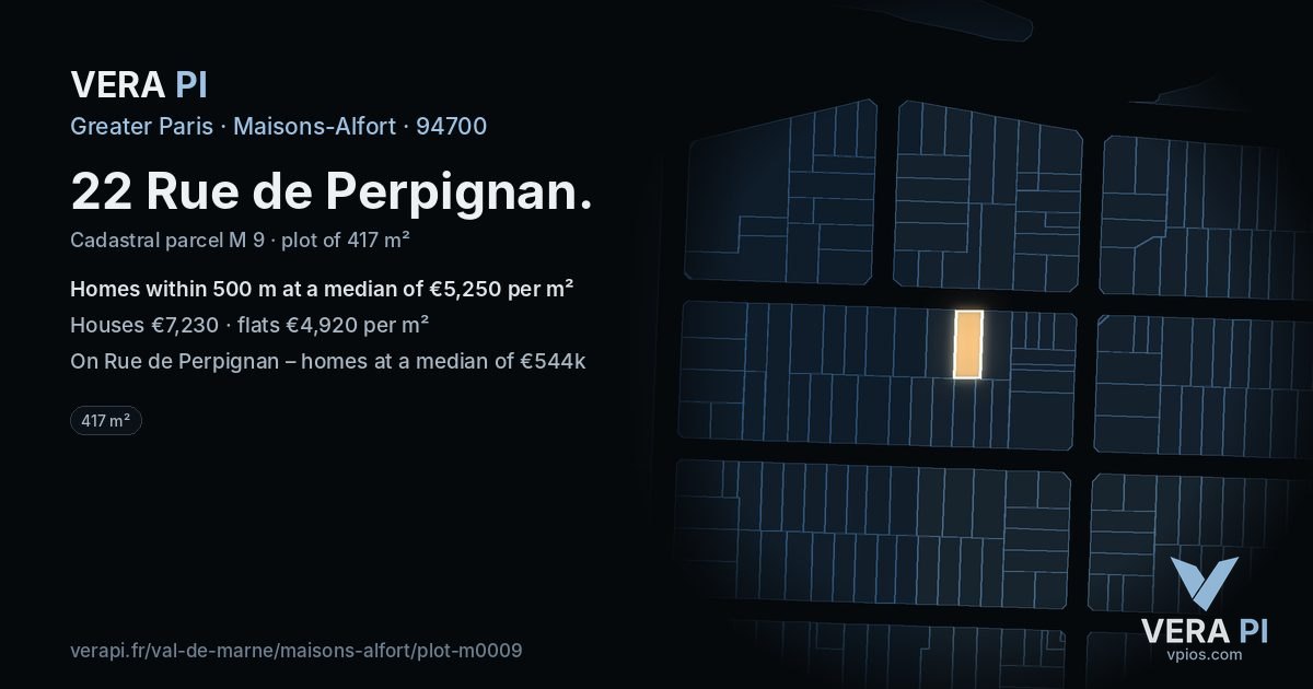 22 Rue de Perpignan, Maisons-Alfort at night – the plot lit, the parcels around coloured by the prices near them