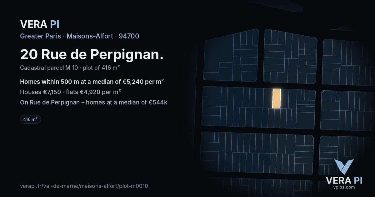20 Rue de Perpignan, Maisons-Alfort at night – the plot lit, the parcels around coloured by the prices near them