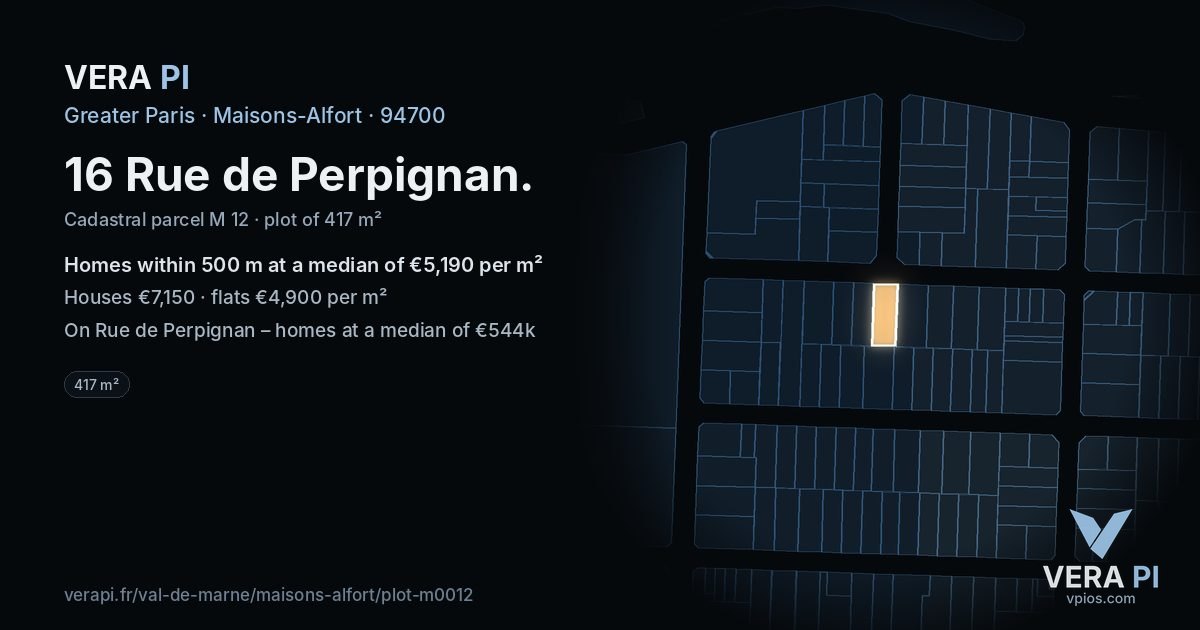 16 Rue de Perpignan, Maisons-Alfort at night – the plot lit, the parcels around coloured by the prices near them