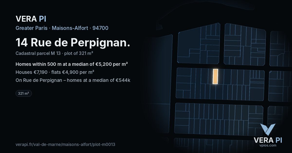14 Rue de Perpignan, Maisons-Alfort at night – the plot lit, the parcels around coloured by the prices near them