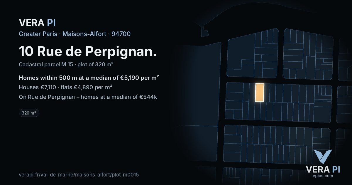 10 Rue de Perpignan, Maisons-Alfort at night – the plot lit, the parcels around coloured by the prices near them