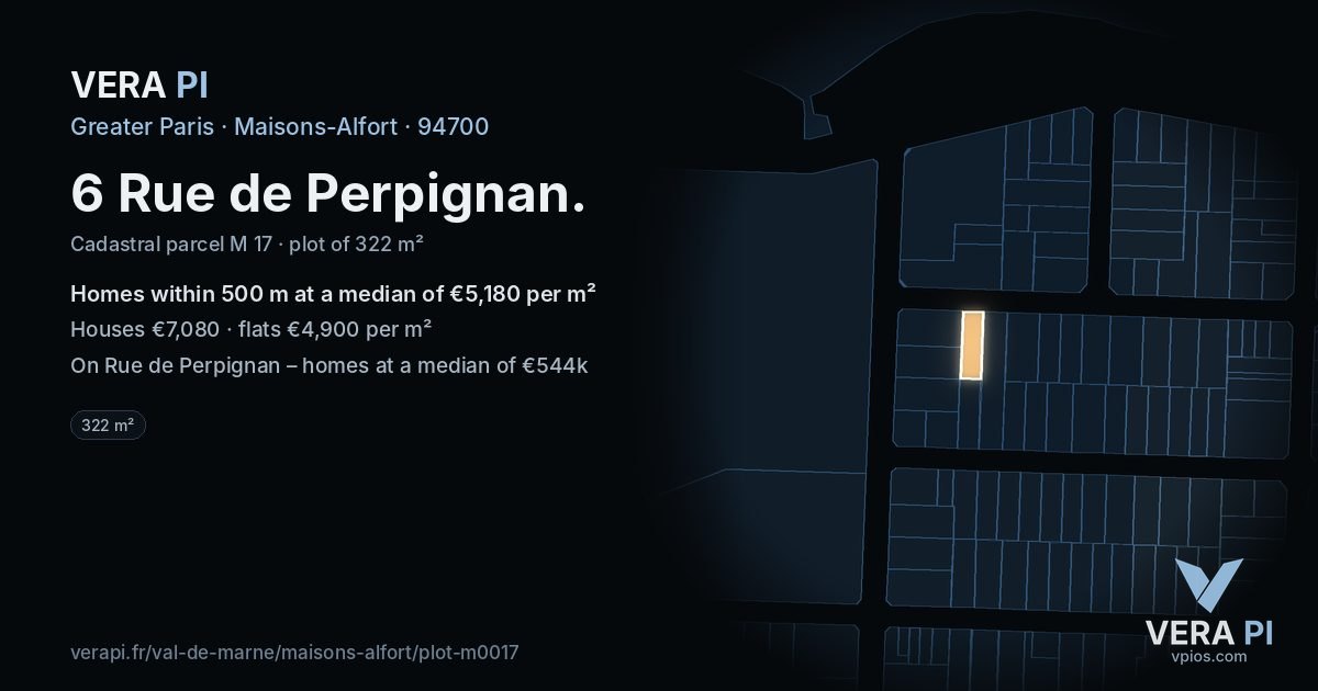6 Rue de Perpignan, Maisons-Alfort at night – the plot lit, the parcels around coloured by the prices near them