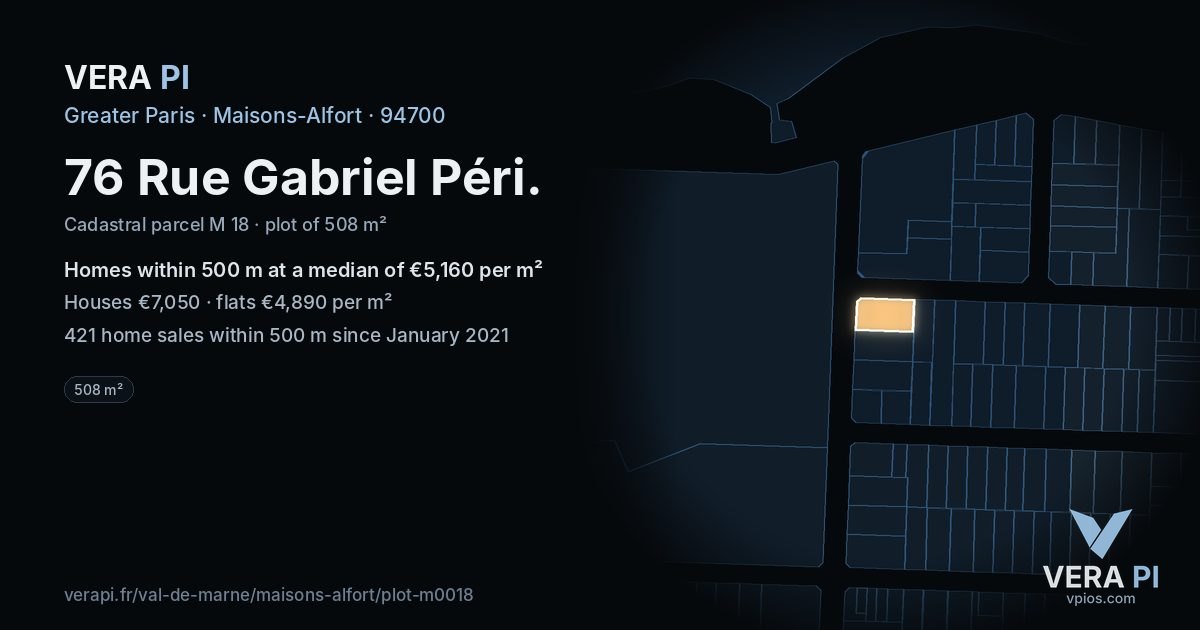 76 Rue Gabriel Péri, Maisons-Alfort at night – the plot lit, the parcels around coloured by the prices near them