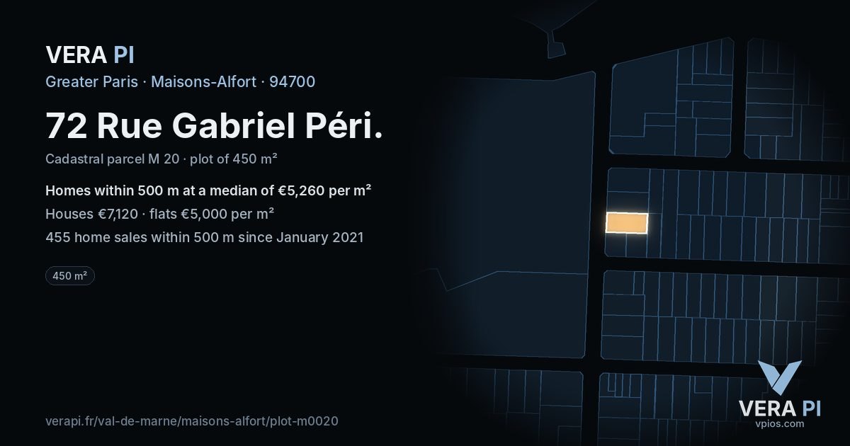 72 Rue Gabriel Péri, Maisons-Alfort at night – the plot lit, the parcels around coloured by the prices near them