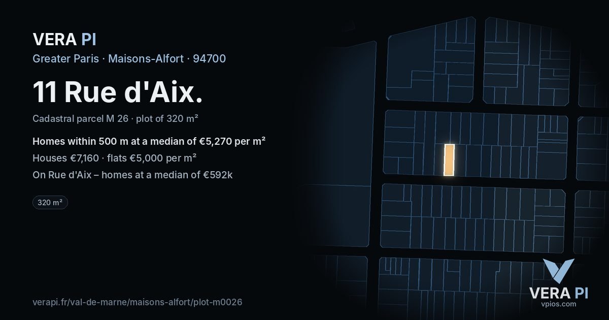 11 Rue d'Aix, Maisons-Alfort at night – the plot lit, the parcels around coloured by the prices near them