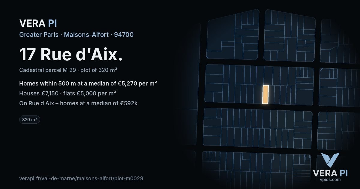 17 Rue d'Aix, Maisons-Alfort at night – the plot lit, the parcels around coloured by the prices near them