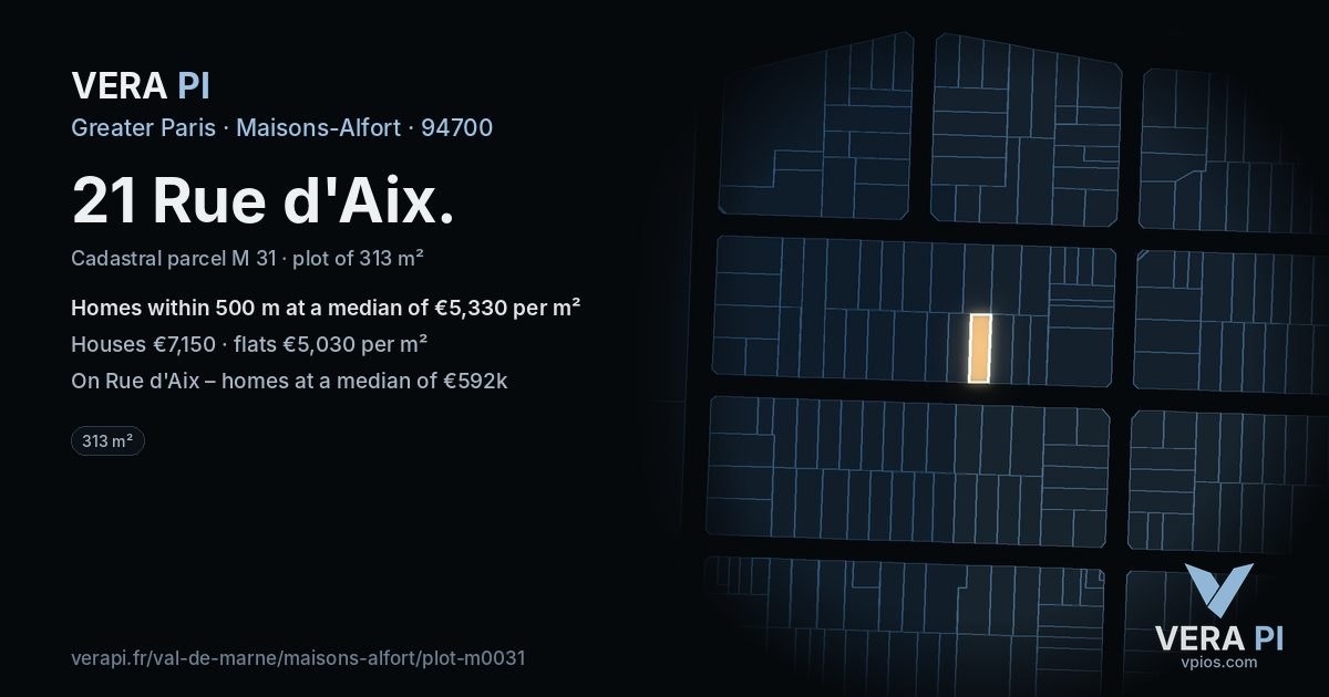 21 Rue d'Aix, Maisons-Alfort at night – the plot lit, the parcels around coloured by the prices near them