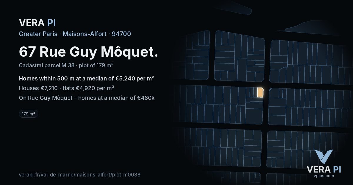 67 Rue Guy Môquet, Maisons-Alfort at night – the plot lit, the parcels around coloured by the prices near them