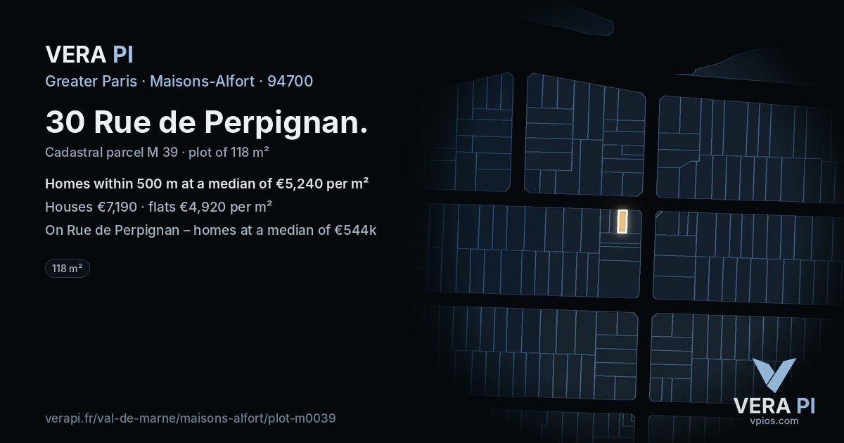 30 Rue de Perpignan, Maisons-Alfort at night – the plot lit, the parcels around coloured by the prices near them