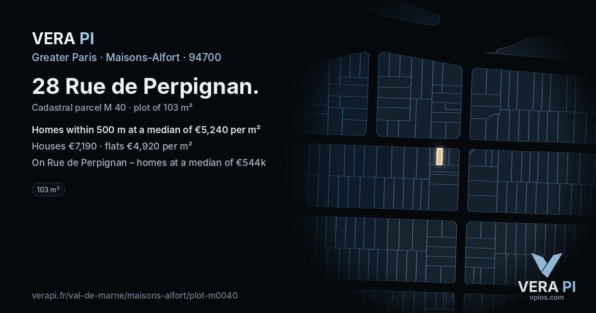 28 Rue de Perpignan, Maisons-Alfort at night – the plot lit, the parcels around coloured by the prices near them