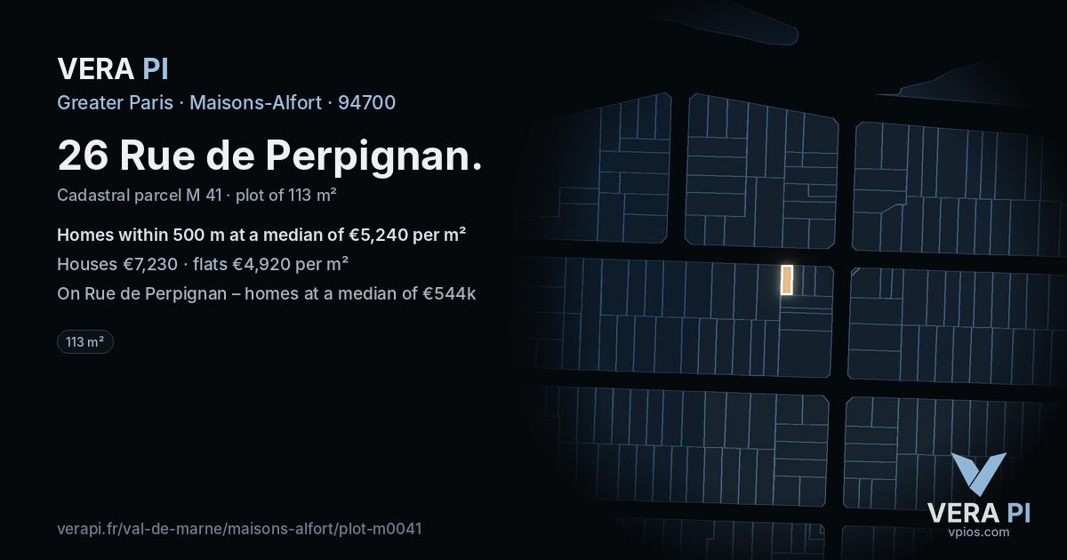 26 Rue de Perpignan, Maisons-Alfort at night – the plot lit, the parcels around coloured by the prices near them