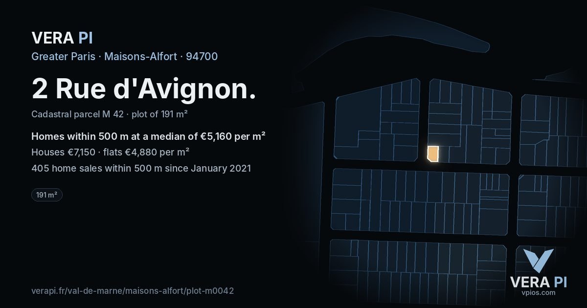 2 Rue d'Avignon, Maisons-Alfort at night – the plot lit, the parcels around coloured by the prices near them