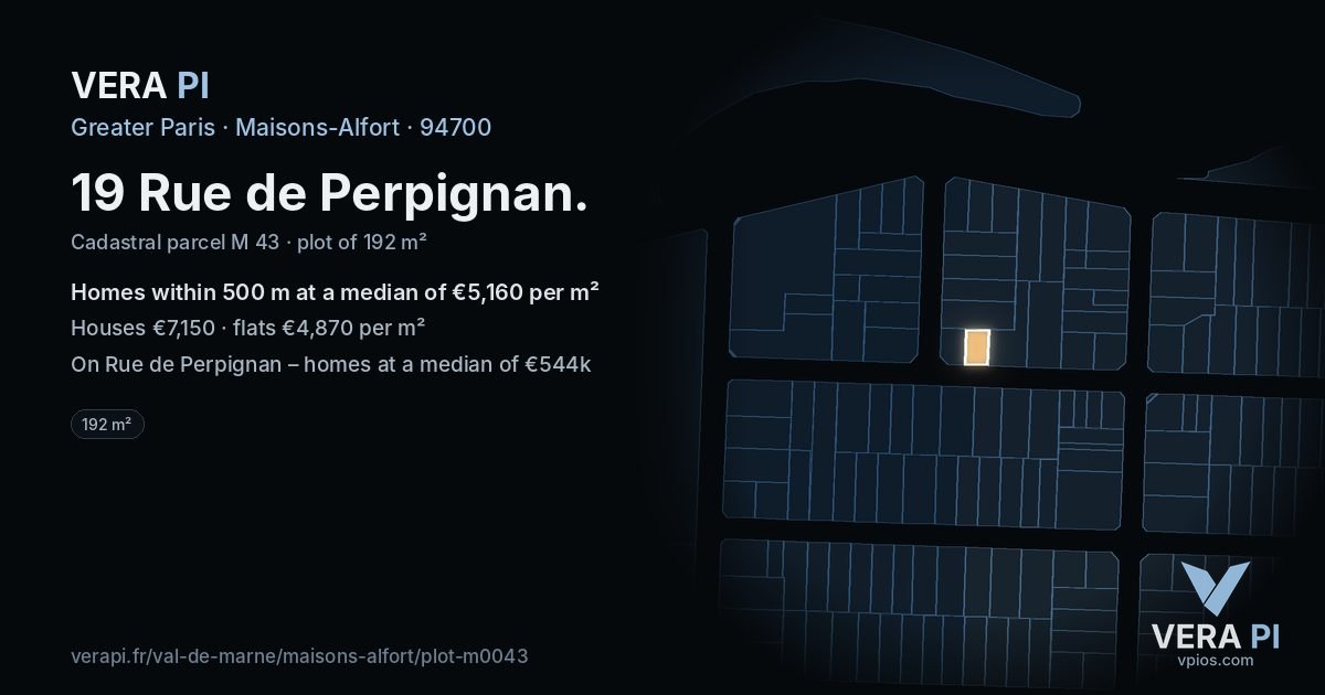 19 Rue de Perpignan, Maisons-Alfort at night – the plot lit, the parcels around coloured by the prices near them