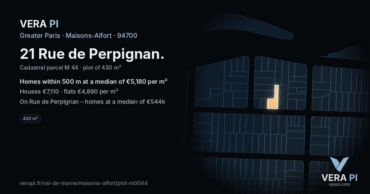 21 Rue de Perpignan, Maisons-Alfort at night – the plot lit, the parcels around coloured by the prices near them