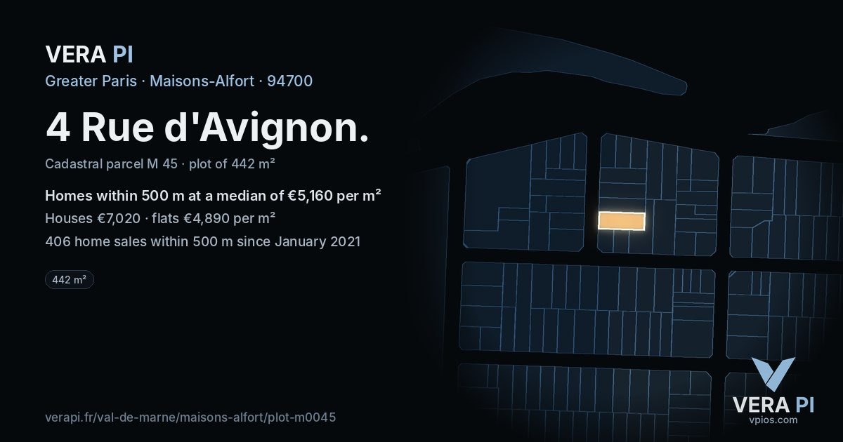 4 Rue d'Avignon, Maisons-Alfort at night – the plot lit, the parcels around coloured by the prices near them