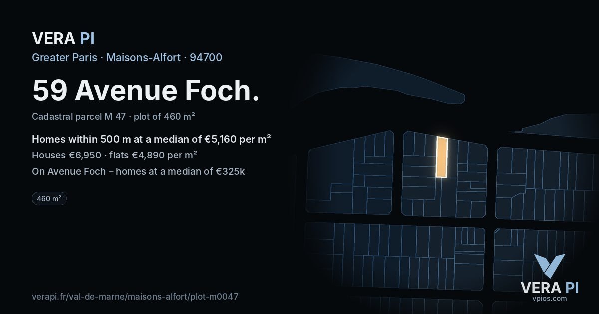 59 Avenue Foch, Maisons-Alfort at night – the plot lit, the parcels around coloured by the prices near them