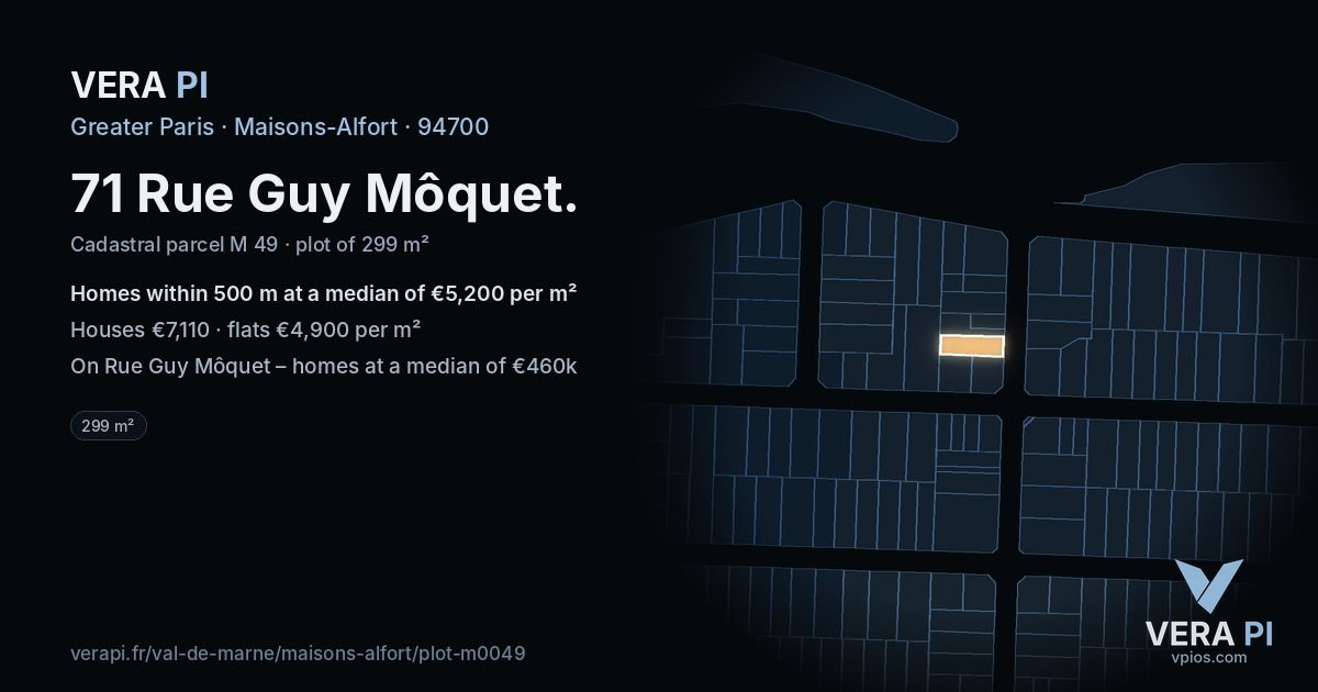 71 Rue Guy Môquet, Maisons-Alfort at night – the plot lit, the parcels around coloured by the prices near them