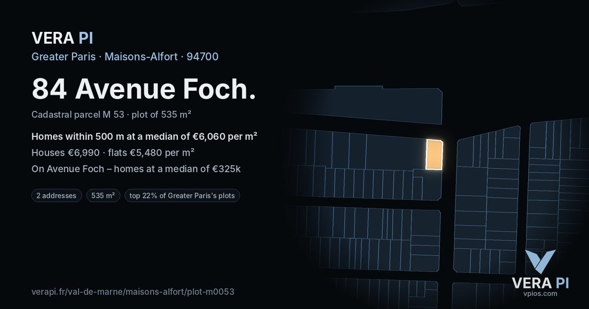 84 Avenue Foch, Maisons-Alfort at night – the plot lit, the parcels around coloured by the prices near them