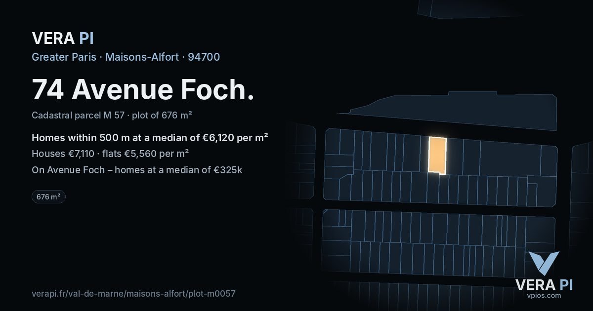 74 Avenue Foch, Maisons-Alfort at night – the plot lit, the parcels around coloured by the prices near them